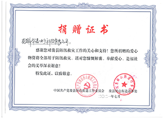 ?？h伾山街道辦事處《防汛救災(zāi)捐贈(zèng)證書》